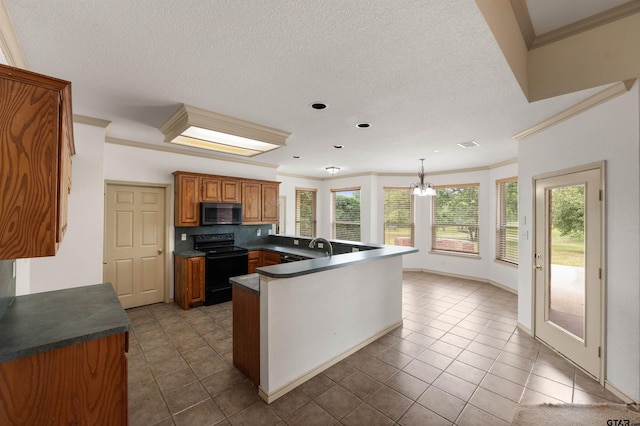1745 County Road 1570, Alba, TX 75410 - kitchen with electric range, stainless steel microwave, crown molding, brown cabinets, and a chandelier
