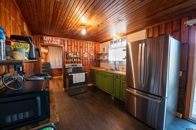 kitchen with dark wood-type flooring, stainless steel appliances, wooden walls, and sink