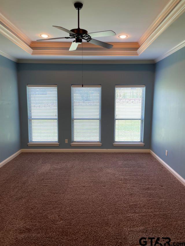 11200 Fox Trl, Flint, TX 75762 - carpeted spare room with a raised ceiling, crown molding, ceiling fan, and recessed lighting