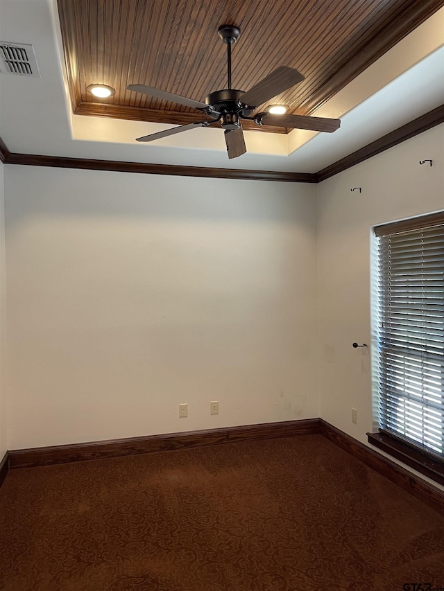 11200 Fox Trl, Flint, TX 75762 - unfurnished room featuring a tray ceiling, ceiling fan, ornamental molding, carpet, and wood ceiling
