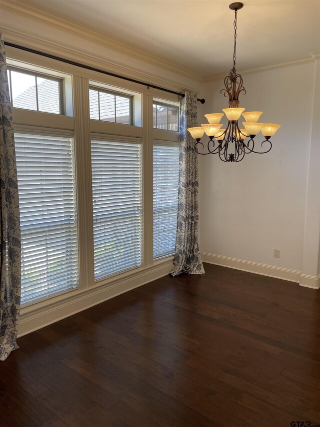 11200 Fox Trl, Flint, TX 75762 - unfurnished dining area with a chandelier, healthy amount of natural light, dark wood-style floors, and crown molding