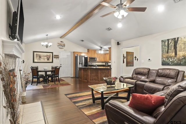 living room with vaulted ceiling with beams, a stone fireplace, ceiling fan with notable chandelier, and dark hardwood / wood-style floors