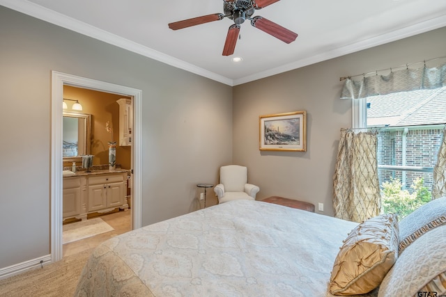 tiled bedroom with connected bathroom, ceiling fan, and crown molding