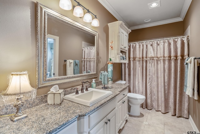 bathroom featuring tile patterned floors, toilet, vanity, and ornamental molding