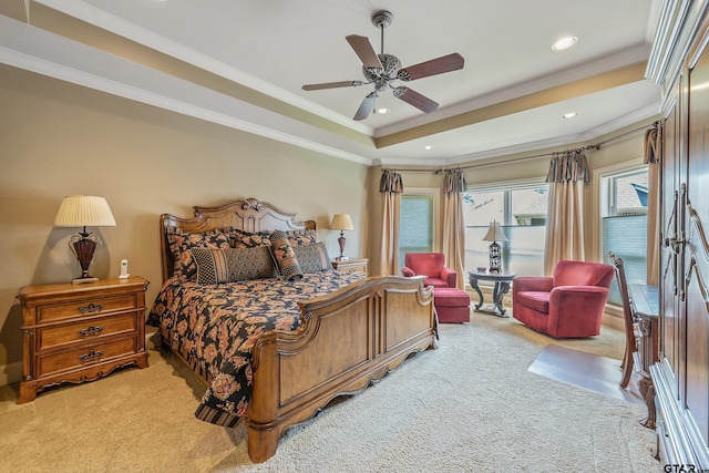 carpeted bedroom with ceiling fan and crown molding