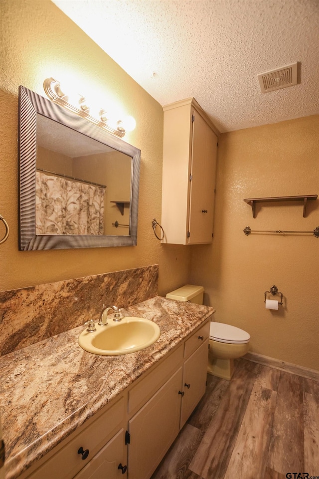 107 Clover Dr, Gun Barrel City, TX 75156 - full bath featuring wood finished floors, vanity, toilet, a textured ceiling, and a textured wall