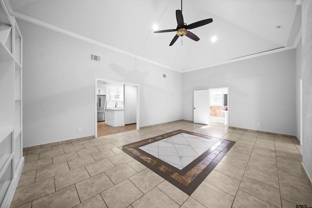 unfurnished living room featuring crown molding, light tile patterned flooring, high vaulted ceiling, and ceiling fan