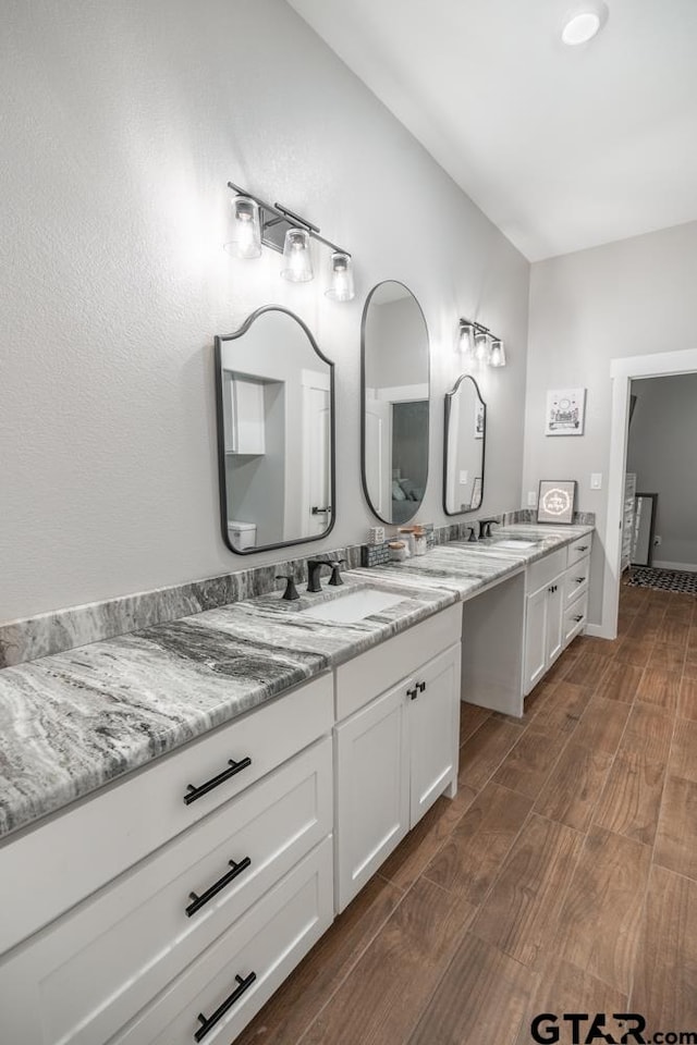 bathroom with wood-type flooring and vanity