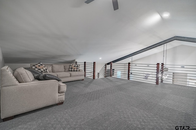 unfurnished living room with carpet floors, lofted ceiling, and ceiling fan