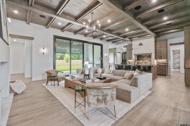 3312 Forest Ct, Tyler, TX 75703 - living area featuring wood ceiling with exposed beams, baseboards, light wood-style floors, and a chandelier