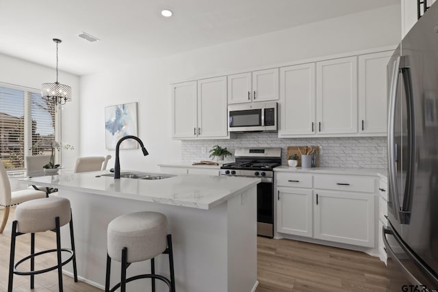 kitchen featuring white cabinetry, appliances with stainless steel finishes, a kitchen island with sink, and pendant lighting