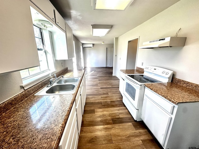 kitchen featuring sink, electric range, white cabinetry, and exhaust hood