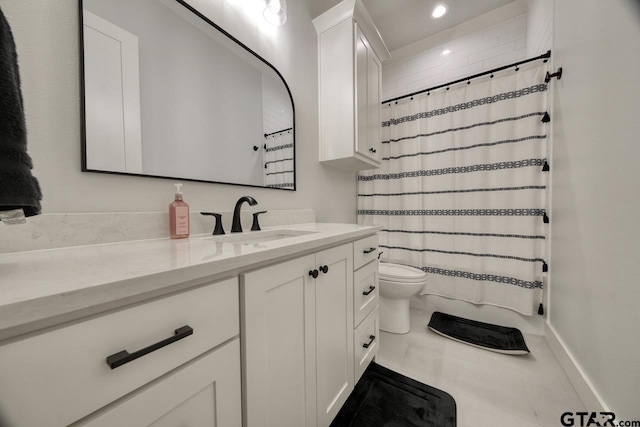 bathroom featuring toilet, tile patterned flooring, curtained shower, and vanity