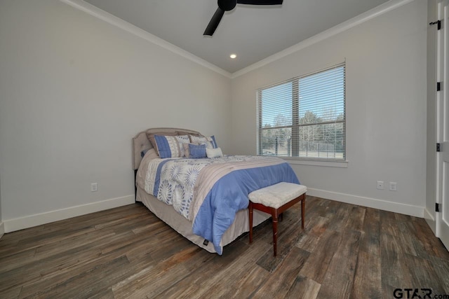 bedroom with ceiling fan, crown molding, and dark hardwood / wood-style flooring