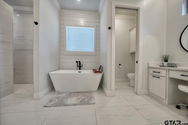 full bathroom with shower with separate bathtub, vanity, and toilet