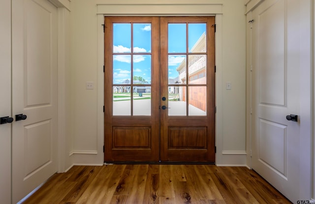 doorway to outside featuring french doors, a wealth of natural light, and dark wood-type flooring