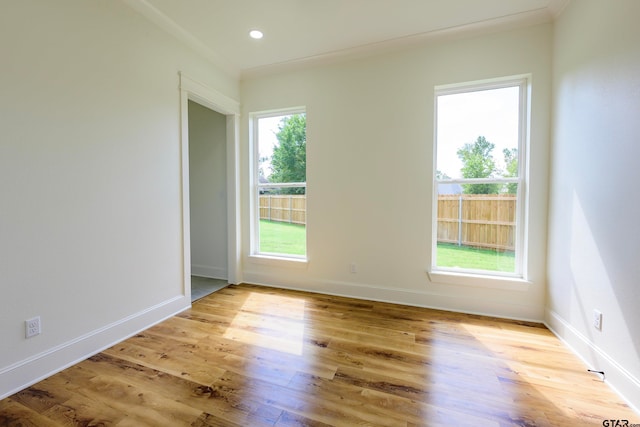 empty room with light hardwood / wood-style floors, plenty of natural light, and ornamental molding