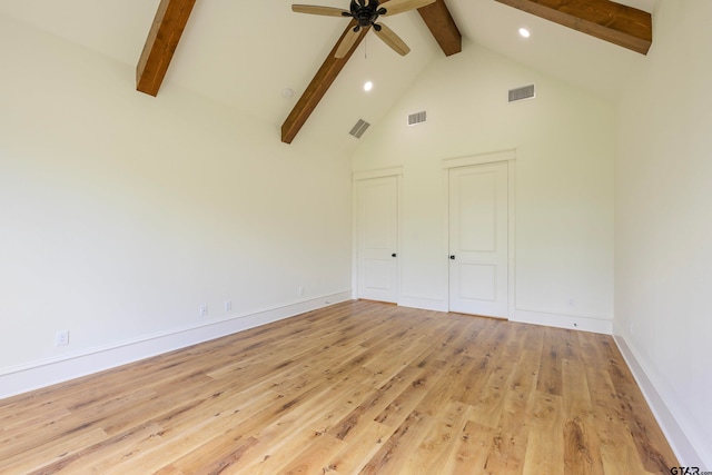 unfurnished bedroom with high vaulted ceiling, light hardwood / wood-style flooring, ceiling fan, and beam ceiling