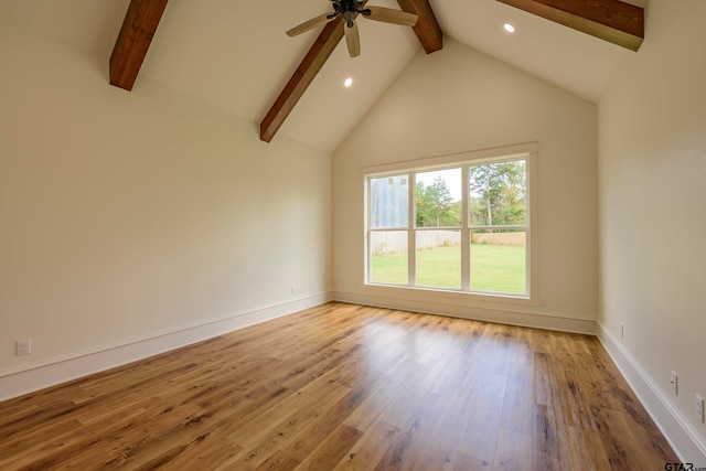 spare room featuring high vaulted ceiling, hardwood / wood-style floors, ceiling fan, and beam ceiling