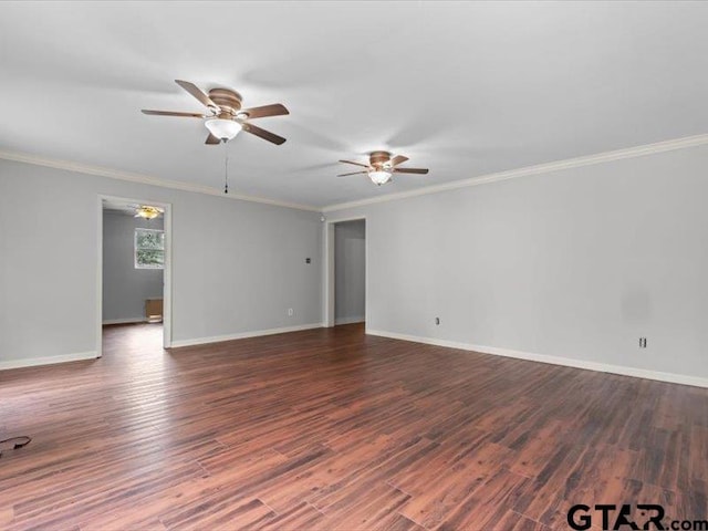 unfurnished room with ceiling fan, dark hardwood / wood-style floors, and ornamental molding