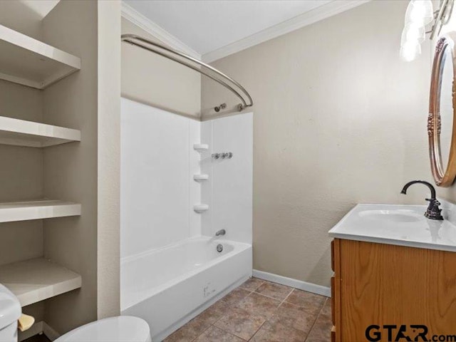 full bathroom with toilet, vanity, bathing tub / shower combination, and ornamental molding