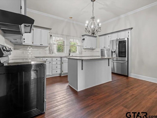 kitchen with white cabinets, dark wood-type flooring, a kitchen island, and stainless steel fridge with ice dispenser