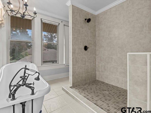 bathroom with a notable chandelier, plus walk in shower, tile patterned floors, and crown molding