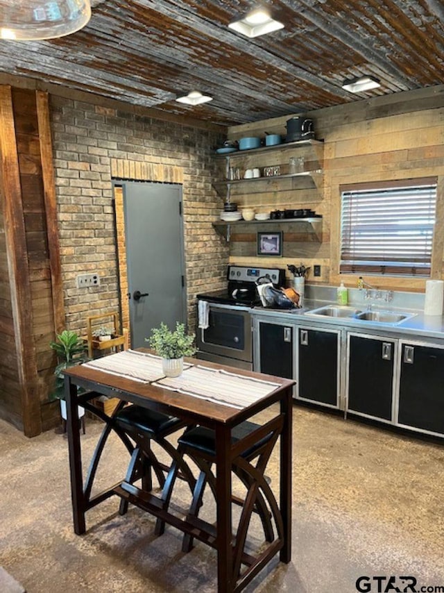 690 Royal Dr, Bullard, TX 75757 - kitchen with stainless steel electric stove, a sink, dark cabinets, and brick wall