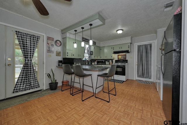 kitchen with gas range, freestanding refrigerator, a peninsula, extractor fan, and green cabinetry