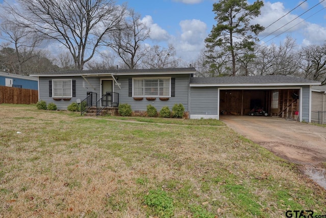 single story home with an attached garage, fence, driveway, crawl space, and a front lawn