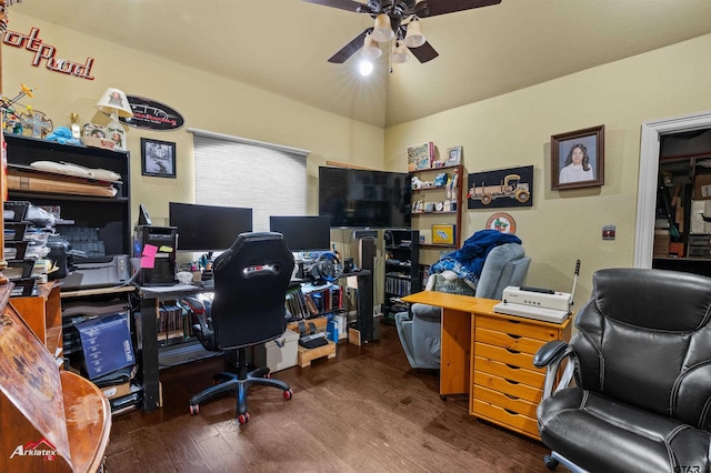 office space with dark hardwood / wood-style floors and ceiling fan