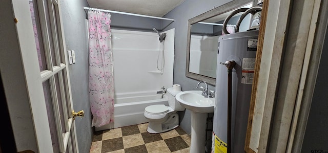 bathroom featuring gas water heater, shower / bathtub combination with curtain, a textured ceiling, and toilet