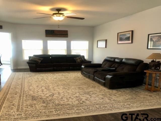 living room featuring wood-type flooring and ceiling fan