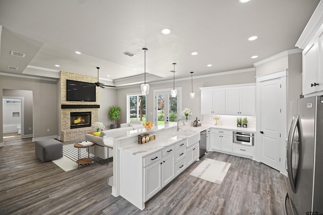 kitchen with white cabinetry, hanging light fixtures, stainless steel appliances, dark hardwood / wood-style floors, and kitchen peninsula