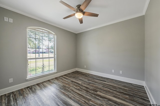 spare room with ceiling fan, dark hardwood / wood-style floors, and crown molding