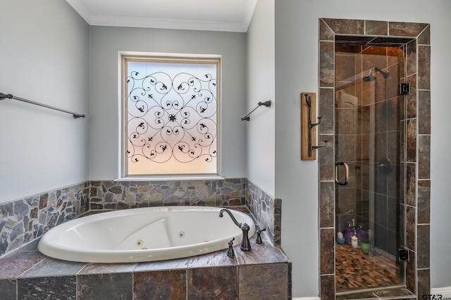 bathroom featuring plus walk in shower and crown molding