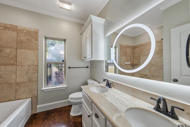 full bathroom with wood-type flooring, ornamental molding, vanity,  shower combination, and toilet