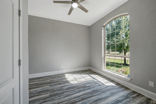 empty room with wood-type flooring, crown molding, and plenty of natural light