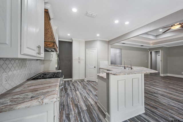 kitchen featuring dark hardwood / wood-style flooring, light stone counters, white cabinets, an island with sink, and crown molding