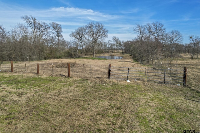 view of yard with a rural view and a water view