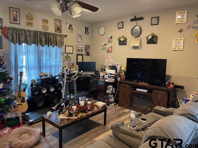 living room with ceiling fan and wood-type flooring