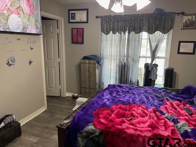 bedroom featuring dark hardwood / wood-style floors and ceiling fan