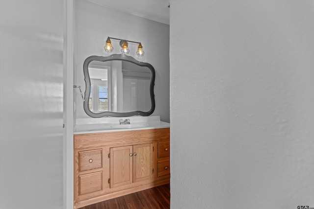 bathroom with vanity and wood finished floors