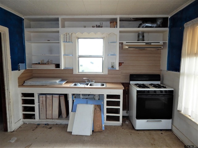 kitchen featuring white gas range, ornamental molding, and sink