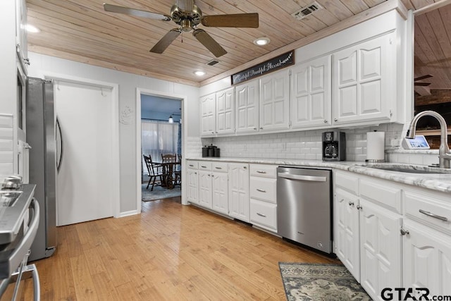 kitchen featuring appliances with stainless steel finishes, white cabinets, wood ceiling, and light hardwood / wood-style flooring