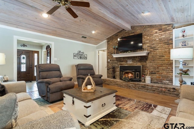 living room featuring wood ceiling, ceiling fan, light hardwood / wood-style flooring, and vaulted ceiling with beams