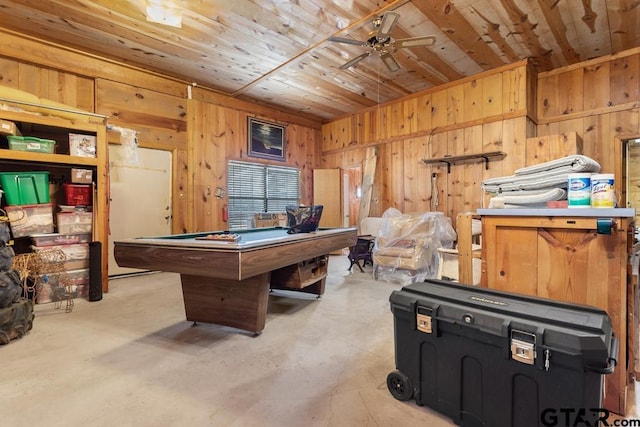 playroom with ceiling fan, wooden walls, wood ceiling, and billiards