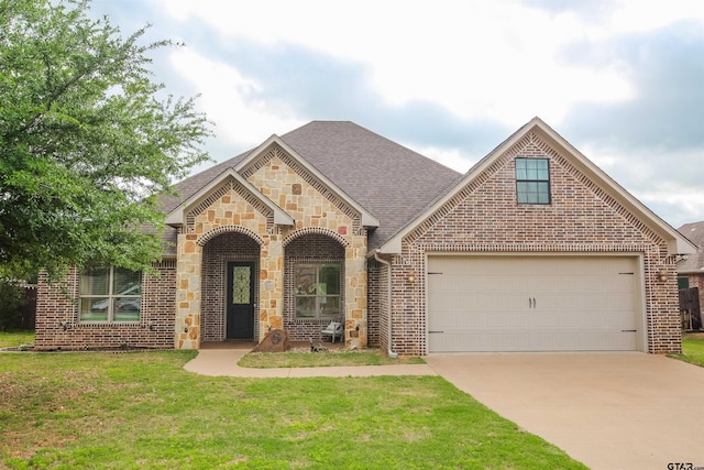 view of front of home featuring concrete driveway, an attached garage, stone siding, brick siding, and a front yard
