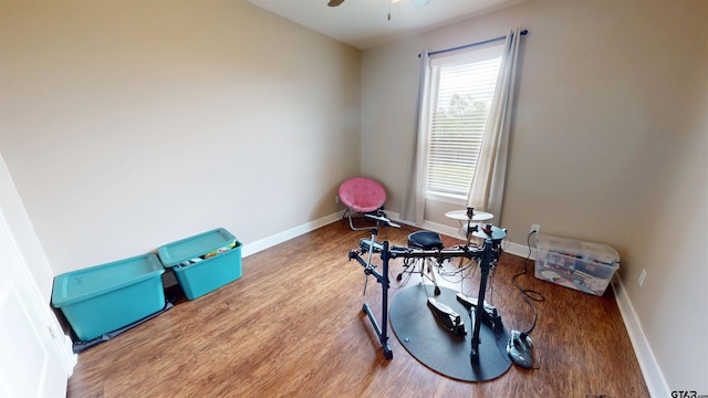 misc room featuring baseboards, a ceiling fan, and wood finished floors