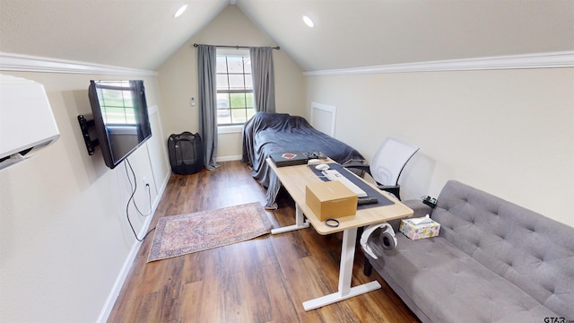 bedroom featuring recessed lighting, vaulted ceiling, wood finished floors, and baseboards